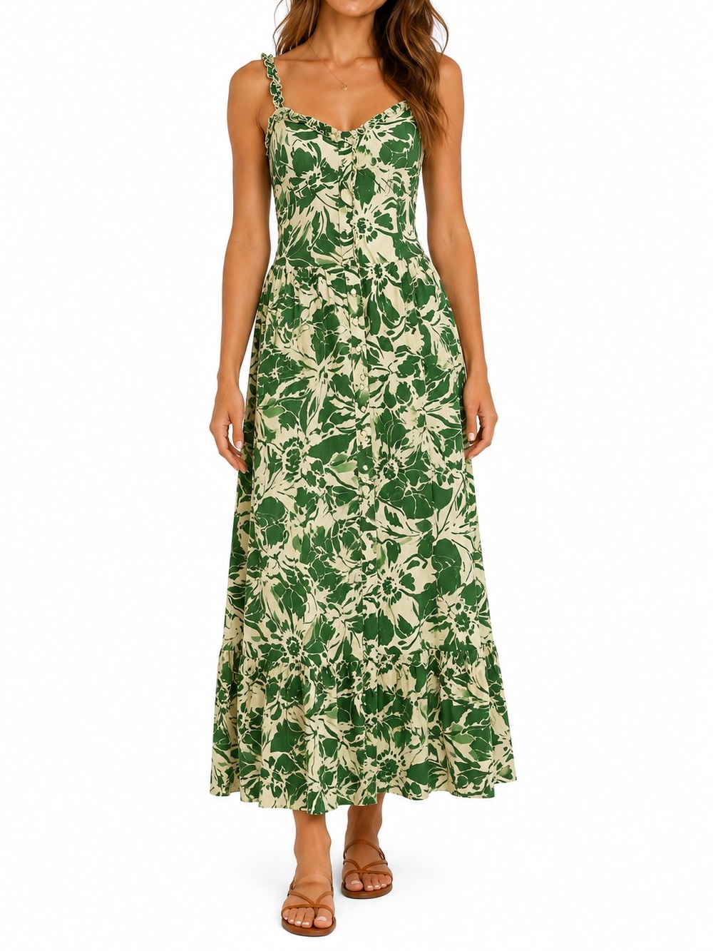 Patrons of Peace Green Floral Maxi Dress S Boho Tropical Button Front